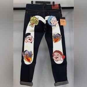 EVISU Embroidery Colorful Selvedge Monster Devil Daicock Denim Jeans NWT w Bag